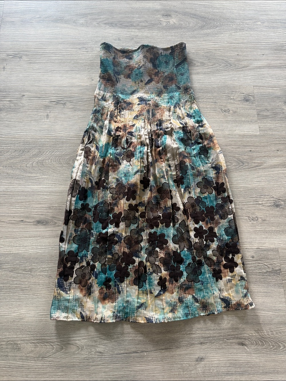 Floral Smocked Waist Midi Skirt in Teal and Brown size 1